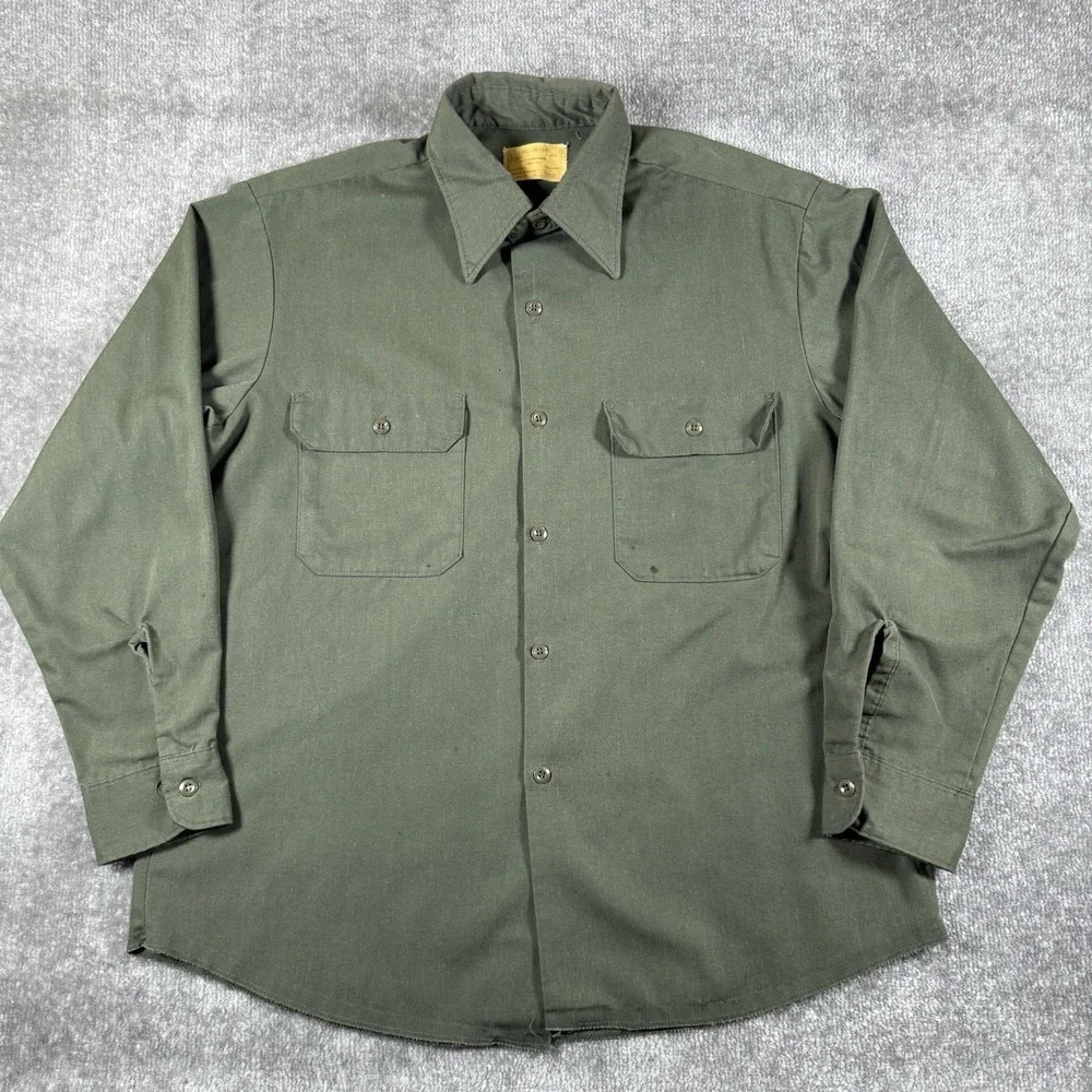 Vintage Sears Workshirt Men's Large 16-16.5 Olive Green Long Sleeve Button Up